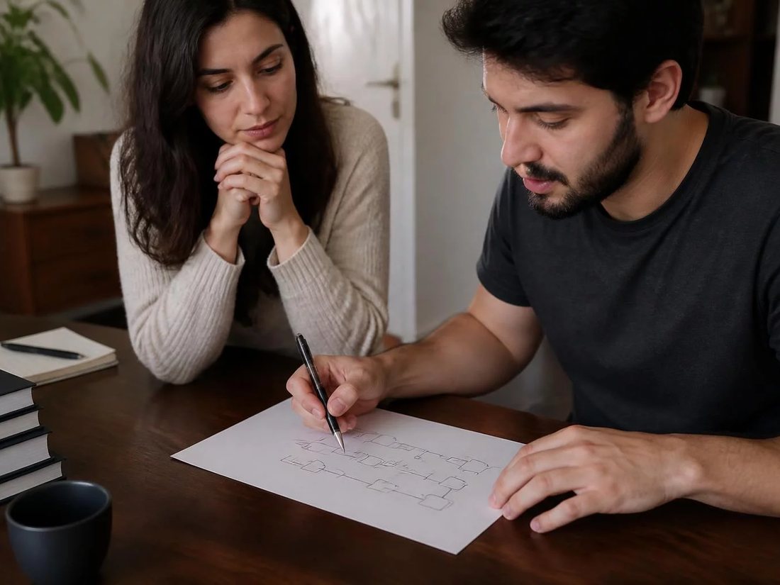 Duas pessoas relendo anotações num tablet apoiado numa mesa de madeira